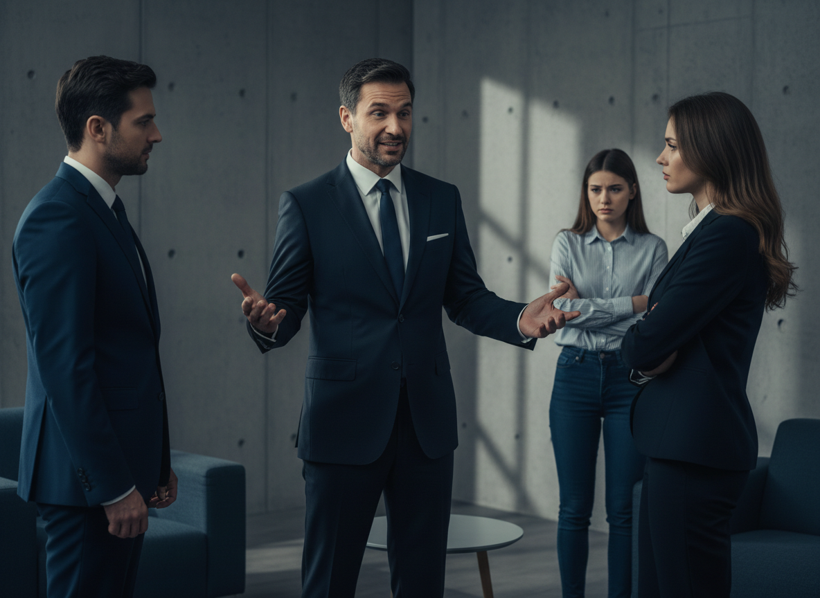 Business meeting with tense discussions.