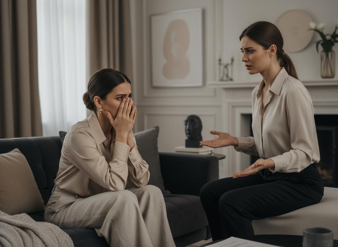 Two women in emotional conversation.