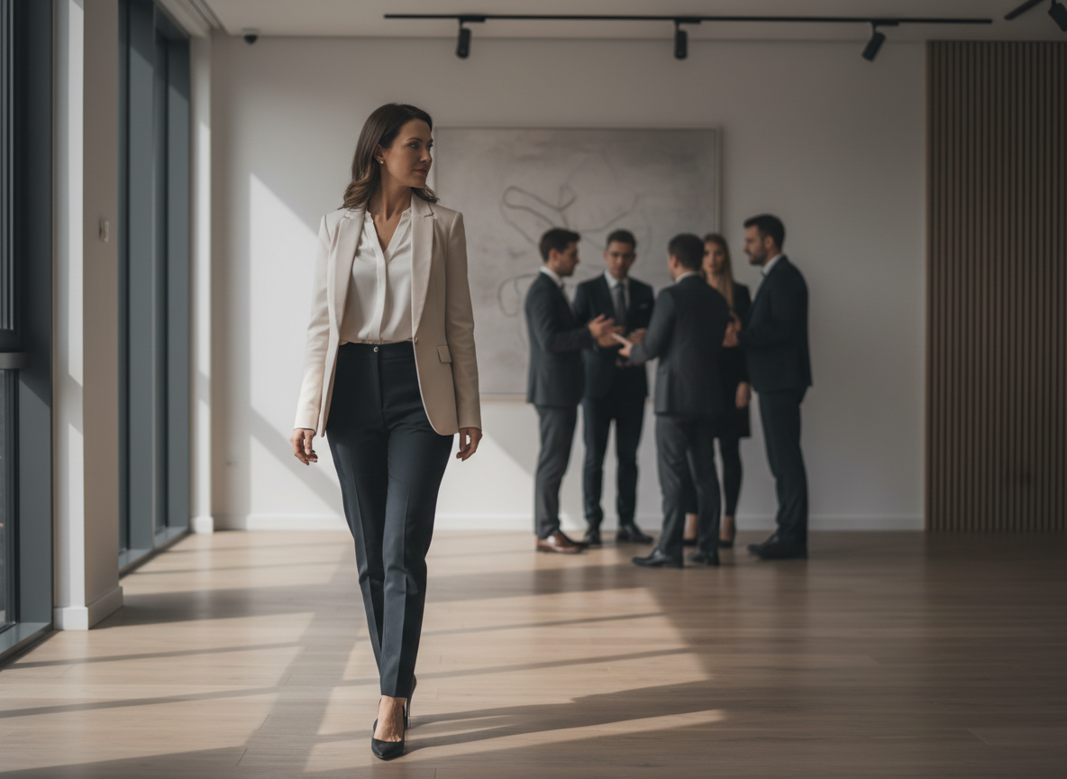 Confident woman walking past colleagues.