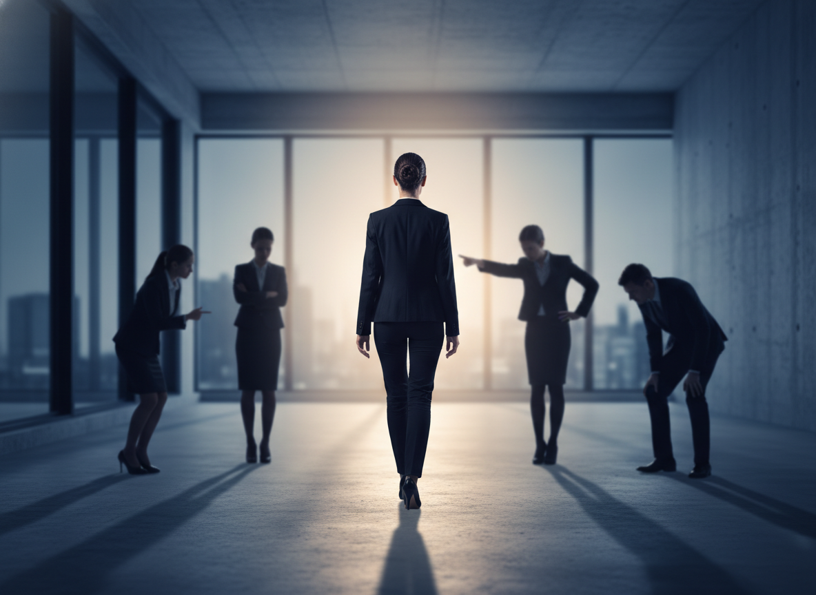 Businesswoman walking away from colleagues