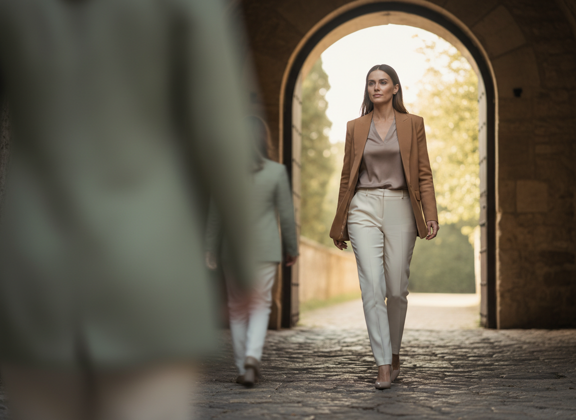 Woman walking through an archway