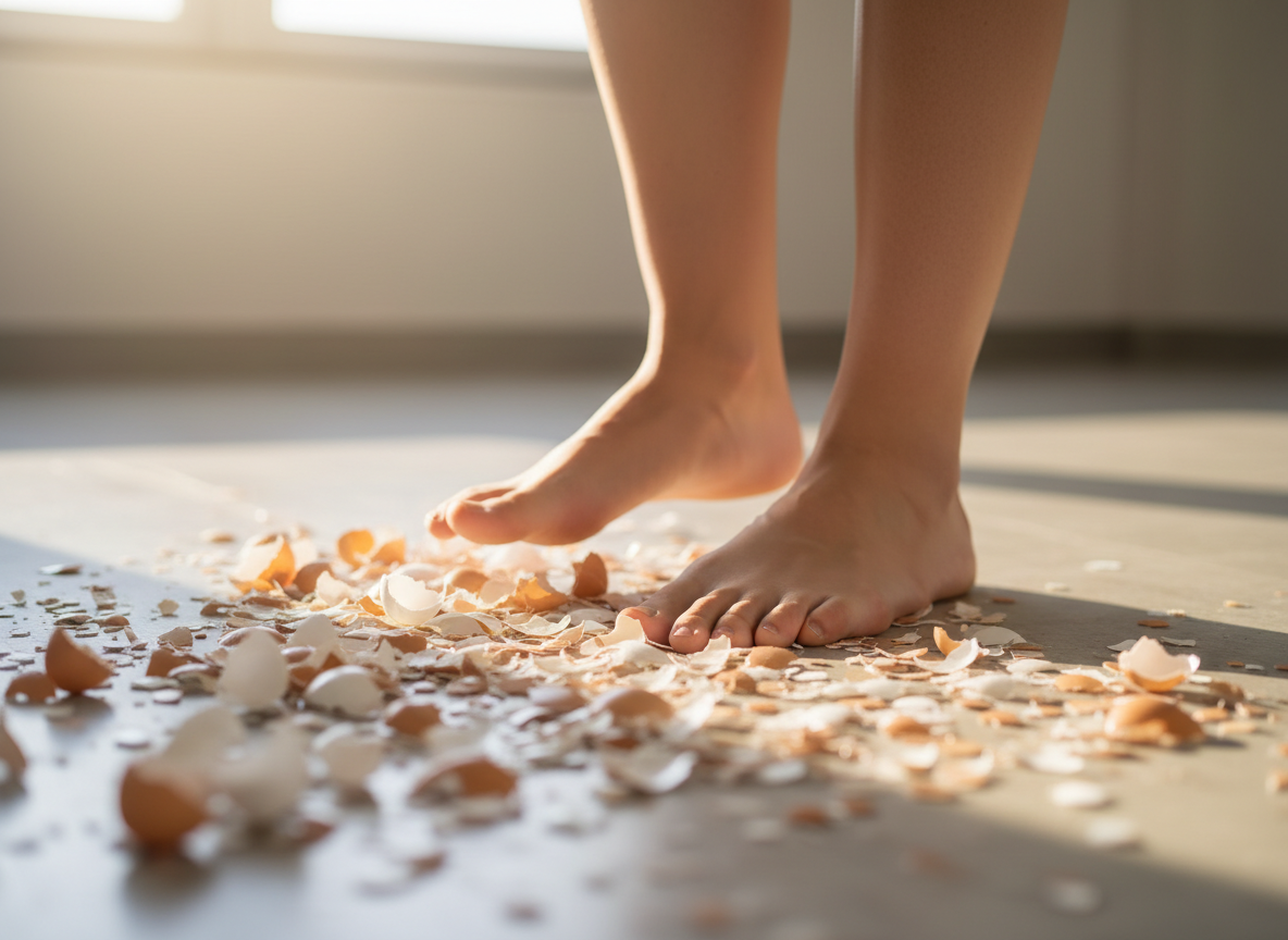 Bare feet on broken eggshells.