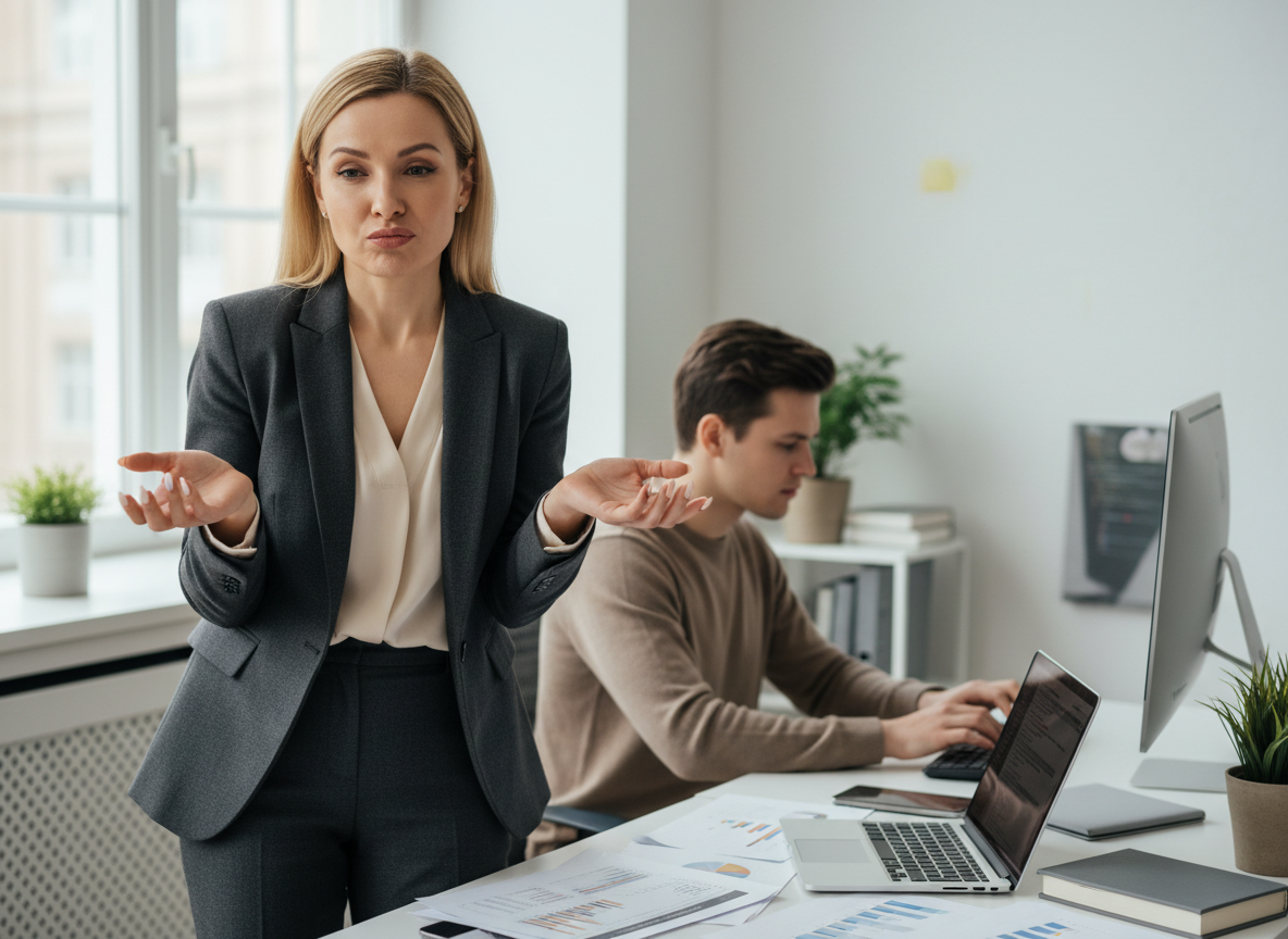 Woman confused in office setting.